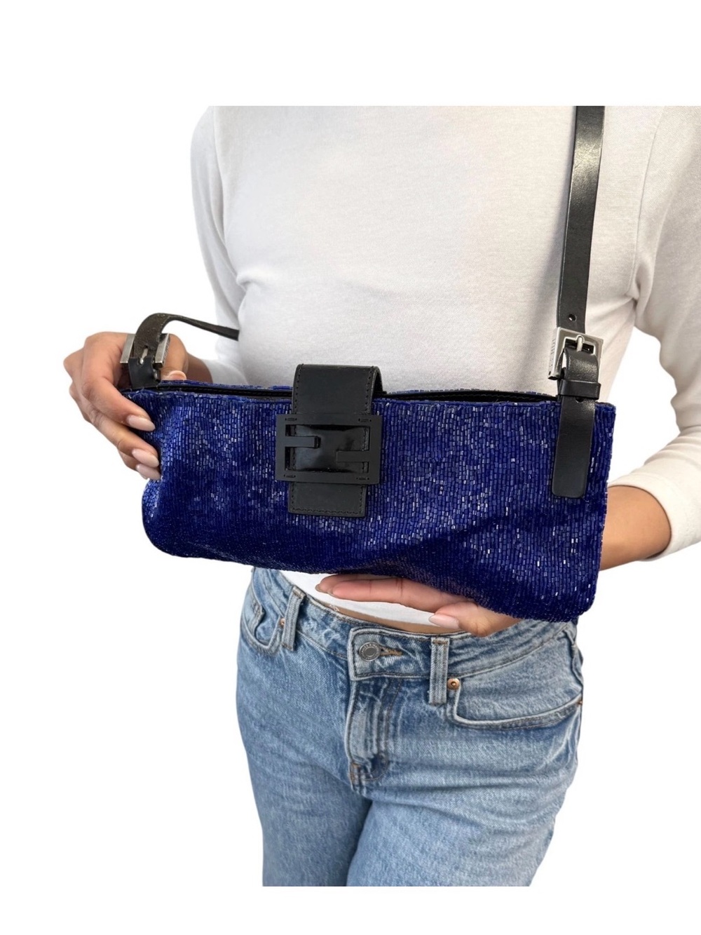 Fendi Mamma Baguette Large Blue Beaded Shoulder Bag RARE
